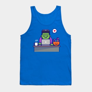 Cute Frankenstein Working On Laptop With Candy And  Coffee Cartoon Tank Top